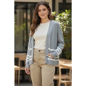 Banana Republic Gray Striped Cardigan Sweater Women’s Medium Cozy Layering